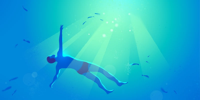 Weightless Within — illustration by Hurca!: A body floats suspended underwater, light filtering down — surrender rendered as its own form of peace.