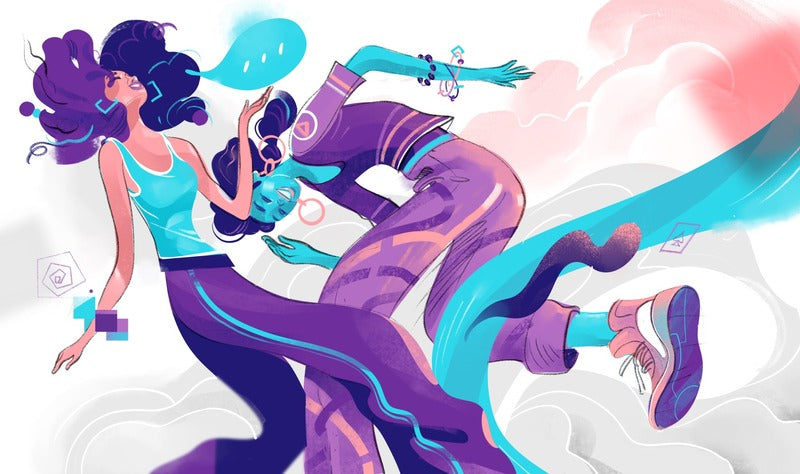 Two figures lean and gesture around a turquoise speech bubble, with flowing purple clothing and pink accents.