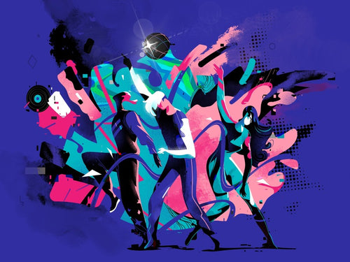 Dancing figures stand against an energetic collage of vinyl, a mirrored ball and pink and turquoise shapes on purple.