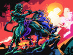 Trial of Will — illustration by Hurca!: A figure locks against a charging bull, the two bodies fused into a single line of force.