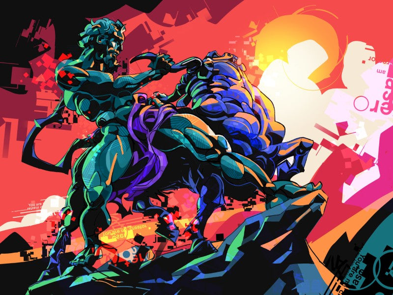 Trial of Will — illustration by Hurca!: A figure locks against a charging bull, the two bodies fused into a single line of force.
