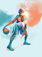 In the Zone — illustration by Hurca!: A basketball player works the ball with lowered eyes while the background dissolves into washes of warm and cool colour.
