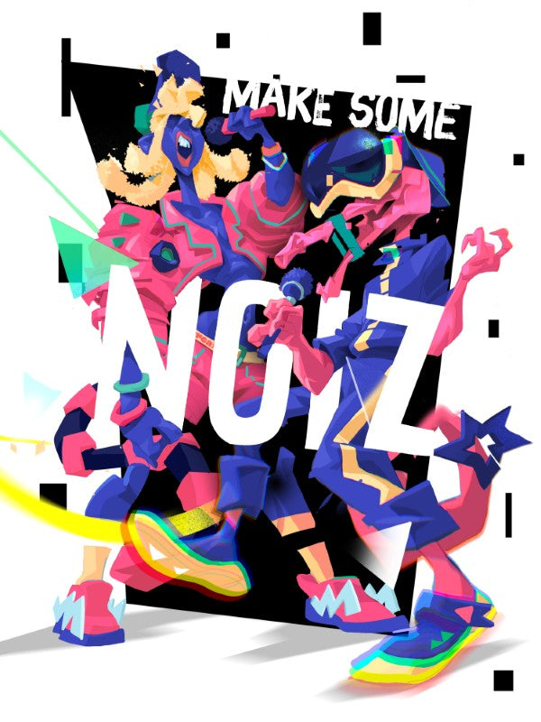Make Some Noiz — illustration by Hurca!: Two figures cut across bold lettering, limbs angled mid-shout.