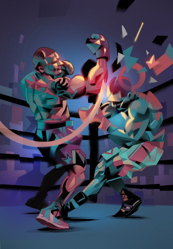 One Clean Shot — illustration by Hurca!: A boxer's fist connects in a single decisive instant — the whole fight compressed into one moment of focus.