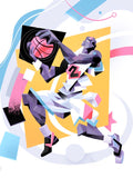 Ring Attack — illustration by Hurca!: A basketball player rises to the rim, the body broken into hard planes mid-flight.