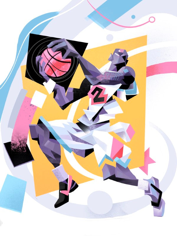 Ring Attack — illustration by Hurca!: A basketball player rises to the rim, the body broken into hard planes mid-flight.