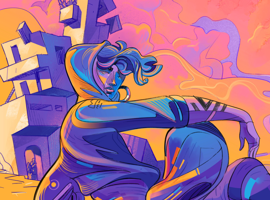 Here Comes Trouble — illustration by Hurca! shown in a sample editorial layout