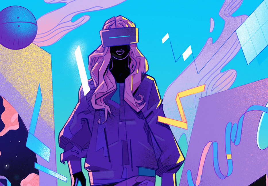 Between Realities — illustration by Hurca! shown in a sample editorial layout