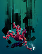 The Abyss — illustration by Hurca!: A figure tumbles through a vertical dark space, small against the shapes towering around it.