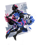 Older Than Instinct — illustration by Hurca!: A dark figure moves surrounded by birds whose wings open into fans of blue and pink.