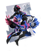 Older Than Instinct — illustration by Hurca!: A dark figure moves surrounded by birds whose wings open into fans of blue and pink.