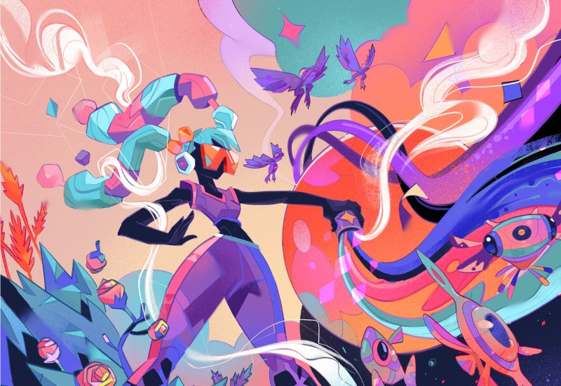 Wonderland Within — illustration by Hurca!: A figure sits inside a private, blooming fantasy world — imagination as its own form of shelter.