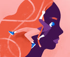 A man clings to strands of a woman's orange hair like ropes beside her large purple profile, against a pink background.