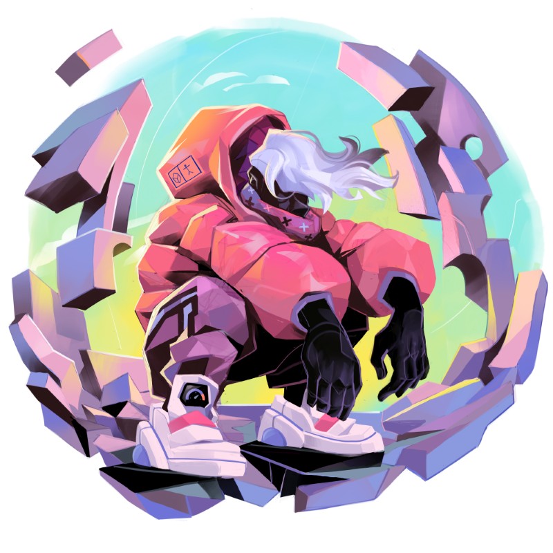 A crouching figure with white hair, a pink puffer jacket and sneakers sits inside a turquoise bubble framed by floating geometric fragments.