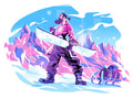 A bearded snowboarder holds a white board before angular pink mountains, with goggles and equipment resting nearby.