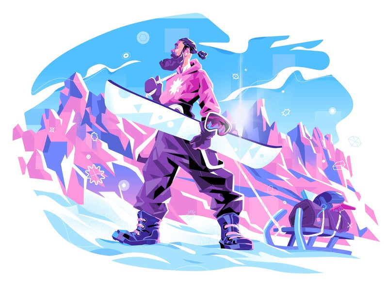 A bearded snowboarder holds a white board before angular pink mountains, with goggles and equipment resting nearby.