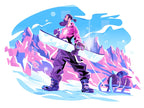 A bearded snowboarder holds a white board before angular pink mountains, with goggles and equipment resting nearby.
