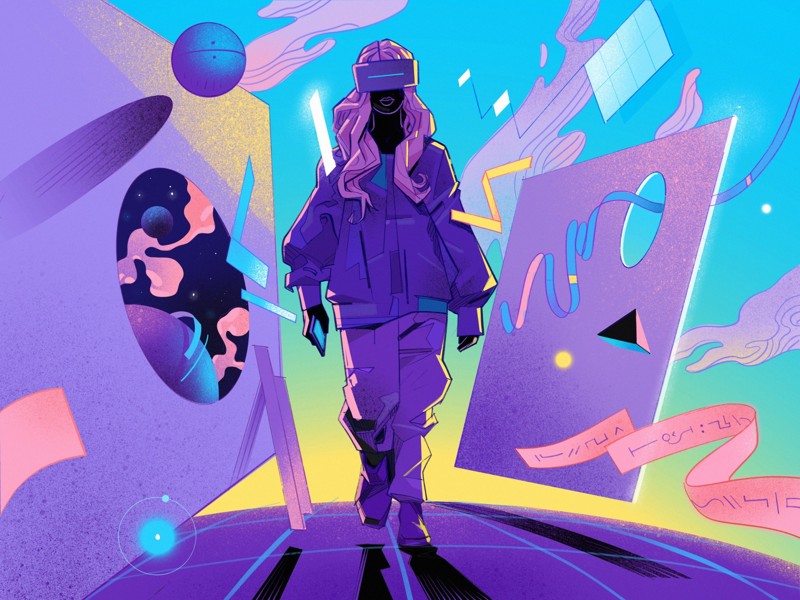 A figure in purple streetwear and a VR visor walks between geometric portals, floating planets and pink ribbons against a turquoise background.