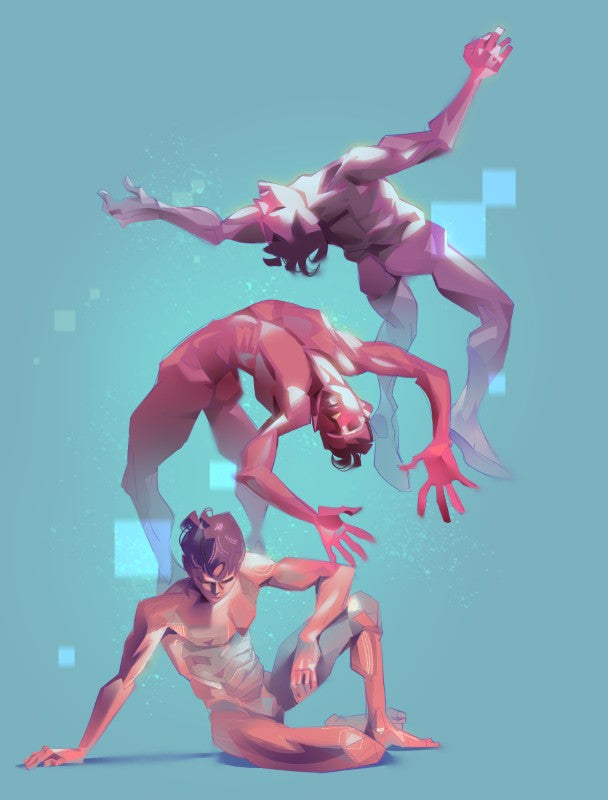 Three stylized male figures moving through acrobatic poses against a turquoise background