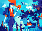 A woman checks a phone while another person uses a laptop on a park bench, surrounded by trees, city shapes and an aeroplane.