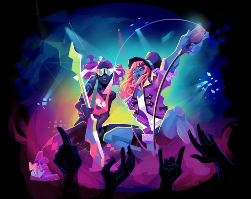 Two stylized rock performers playing guitars on a neon-lit stage above a cheering crowd