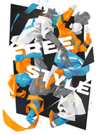 Stylized dynamic figures in motion with bold geometric shapes and the words FREE STYLE across the composition