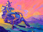 A figure in a hoodie and trainers sits on a hillside before crooked towers under a pink and orange sky.