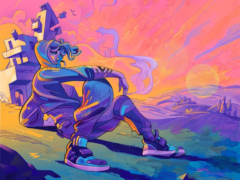 A figure in a hoodie and trainers sits on a hillside before crooked towers under a pink and orange sky.
