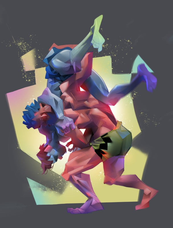 Two stylized athletes grappling in a dynamic combat sports pose