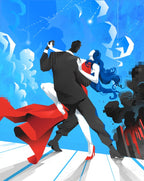 A man in a dark suit and a blue-haired woman in a flowing red dress share a last dance, with a city in flames behind them.