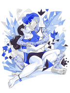 Our Afternoons — illustration by Hurca!: Two figures fold into each other among leaves and scattered shapes, the whole scene reduced to a single blue.