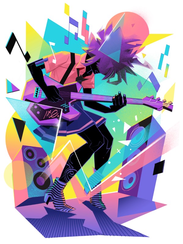 Stylized guitarist performing amid bright geometric shapes, speakers and musical notes