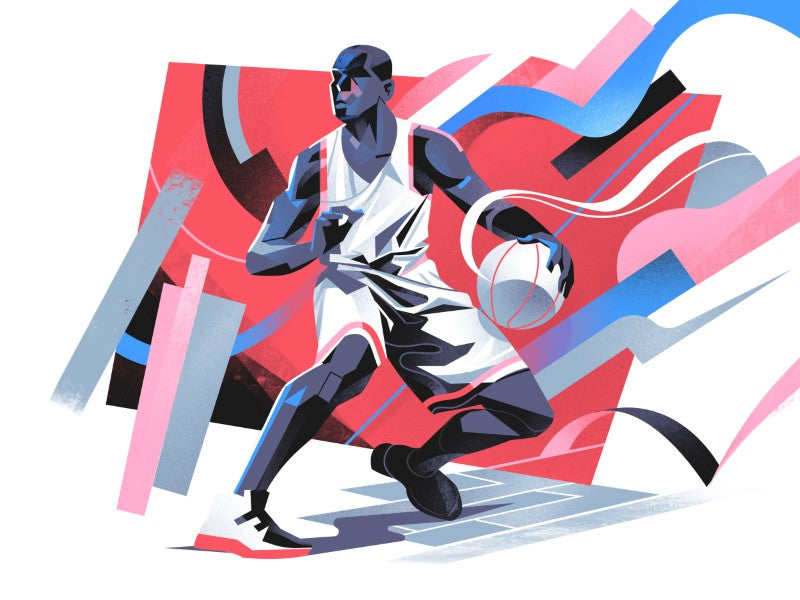 Stylized basketball player dribbling in motion against abstract red and blue shapes