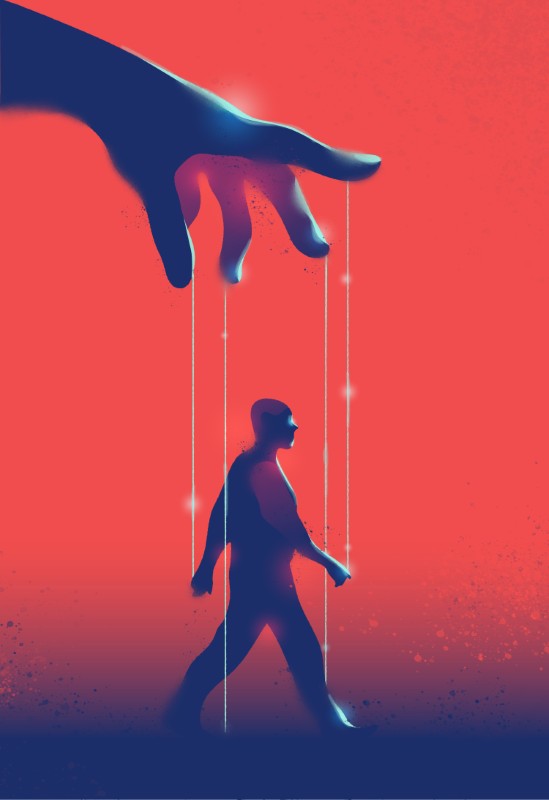 Large hand controlling a walking human figure like a marionette against a red background