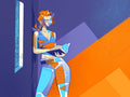 A woman reads an open book beside a narrow bright window, with orange and purple geometric planes behind her.