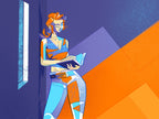A woman reads an open book beside a narrow bright window, with orange and purple geometric planes behind her.