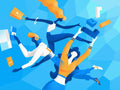 Three figures reach towards floating bags and rectangular objects against a faceted blue and turquoise background.
