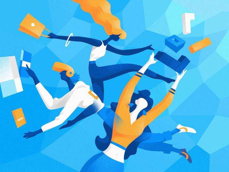 Three figures reach towards floating bags and rectangular objects against a faceted blue and turquoise background.
