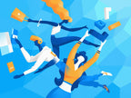 Three figures reach towards floating bags and rectangular objects against a faceted blue and turquoise background.